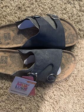Muk Luks Women's Dark Grey Two-Buckle Slide Mules
